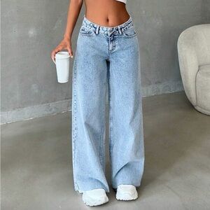 Petite 100% Cotton Low Waist Raw Hem Snow Wash Wideleg Jean 👖🤍